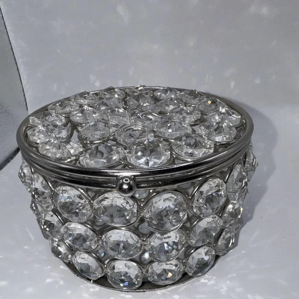 Glass crystal like Jewelry/Trinket  Box, Silver Metal, mirrored inside, lid.